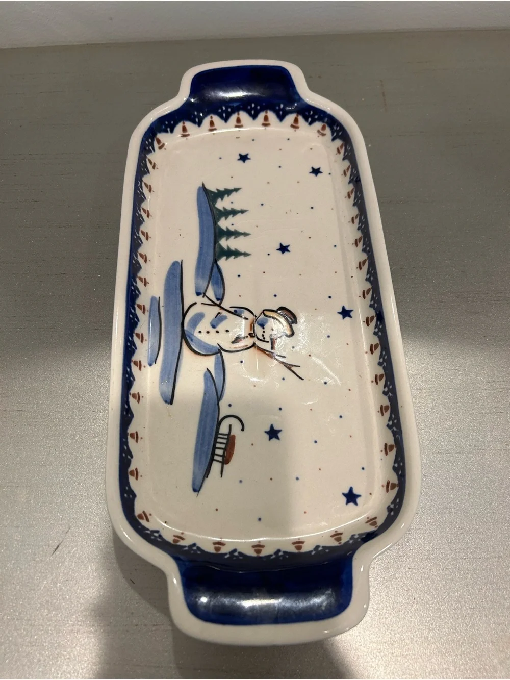 Boleslawiec Hand-Painted Ceramic Serving Dish in Blue and White